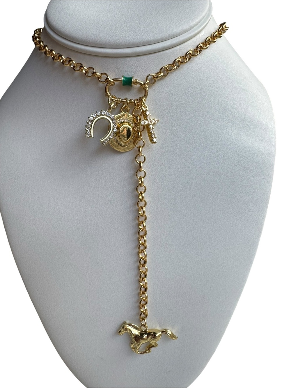 Gold-Tone Charm Lariat Necklace with Horse Pendant - Green Accent
